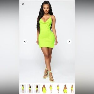 Brand New Fashion Nova Neon Green Crowl Neck Backless Dress with Slits